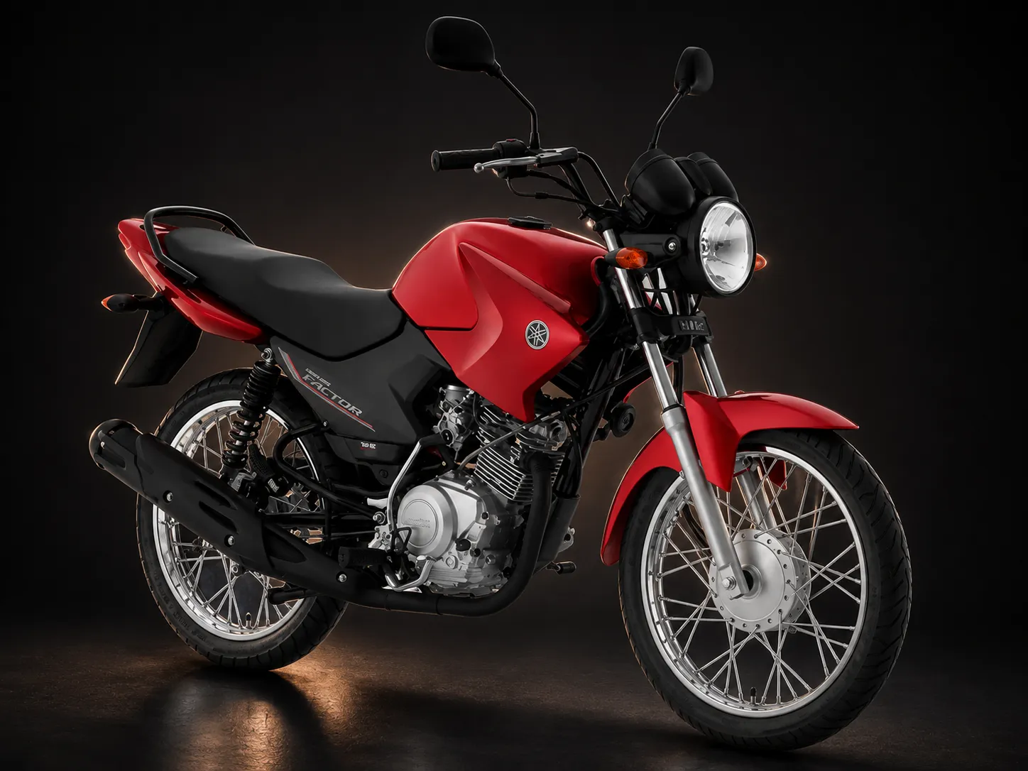 Moto Yamaha Factor vermelha de frente, em estúdio escuro com iluminação dourada